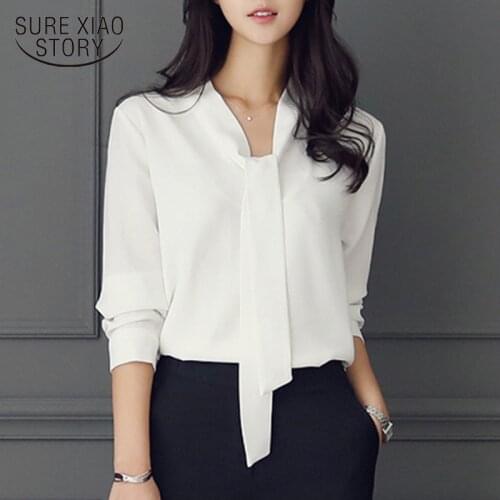 Long sleeve bow tie shirt Spring and autumn new fashion women clothing loose chiffon shirt womens blouse tops blusas mujer 699C