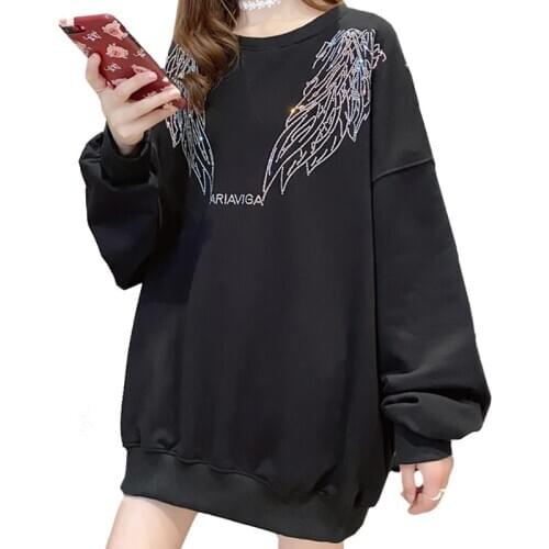 Spring Autumn Fashion Women Sweatshirt Korean Hot Drilling Mid-Length Loose Coat Casual Lady Thin Style Black Wild Pullover