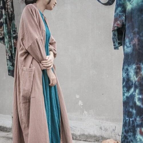 Vintage Original Ethnic Treach Cardigan Chinese Solid Full Sleeve Cotton Linen Women Maxi Long Outwear Causal Femme Plus Size