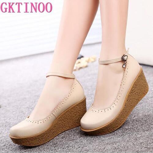 Womens Platform Shoes For Women Genuine Leather Footwear Woman Black Beige Comfort Wedges Breathable Pumps Plus Size 34-42