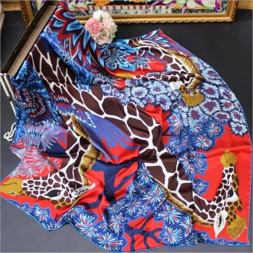 POBING 100% Real Silk Scarf Women Giraffe Print Square Scarves Wraps Manual Hand Rolled Silk Foulards Femme Bandana Hijab110CM