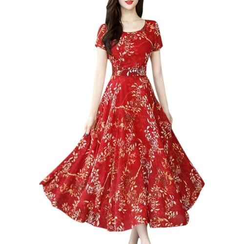 Women Elegant Fashoin Floral Print Maxi Long Dress Summer Temperament High Waist Short Sleeve Belt Dresses Daily V-neck Vestido