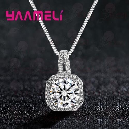 Big Discount S925 Sterling Silver Pendant Necklaces for Women Wedding Engagement Dazzling Square Cubic Zircon with Box Chain