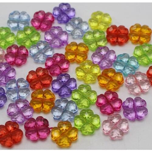 200 Mixed Colour Transparent Acrylic Four Leaf Clover Charm Beads 11mm