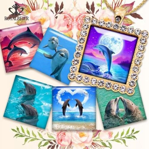 2021 Fashion Jewelry 10pcs Glass Cabochon Mixed Square Dolphin Photo Cameo Cabochon Setting Supplies for Jewelry Accessories