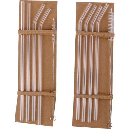 5Pcs/set Transparent Glass Straight Bend Straws Cleaning Brush For Beverage Drinks Bar Party Kitchen Accessory Wholesale