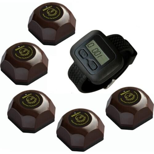 SINGCALL Wireless Service Calling System, Beeper, 5pcs APE560 Coffee Buttons and One Wrist Watch for Waiter APE6600