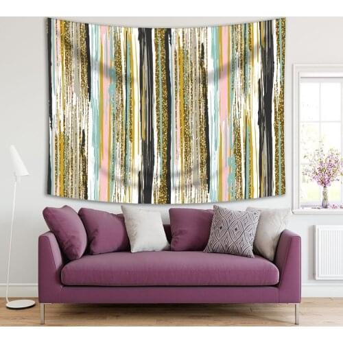 Tapestry Modern Artwork Vertical Lines Brush Strokes and Stripes in Gold Mustard Pink Blue Charcoal