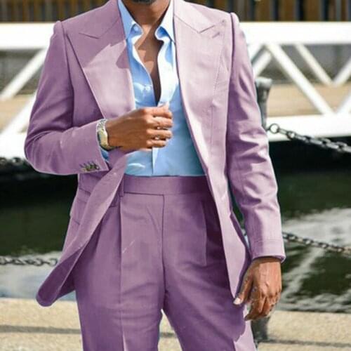 Custom Fashion Handsome Purple Men Suits Slim Fit Groomsmen Tuxedo For Wedding Dress Beach Party Male Clothing (Jacket+Pants)