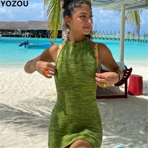 Summer Sexy Green Orange Halter Knitted Beach Sklinky Crochet Wrap Backless Short Mini Tight Off Shoulder Dresses For Women 2021