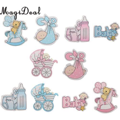 MagiDeal Novelty 10Pcs Wooden Pink/ Blue Horse Carriage Embellishments Card Making Baby Shower Childrens Day DIY Craft Favor