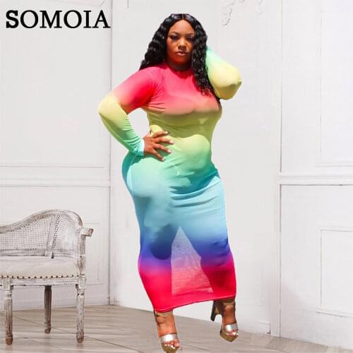 Plus Size Fashion Clothes Sexy Mesh Women Dress Turtleneck Long Sleeve Bodycon Dress Vintage Rainbow Tie Dye Dresses Wholesale