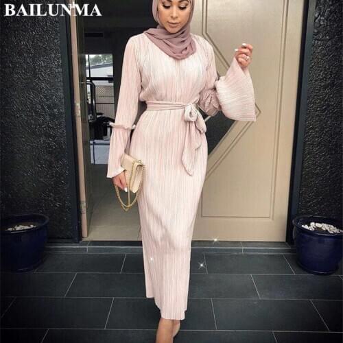 Fashion Pleated muslim dress Including the belt abaya dubai islamic clothing caftan marocain muslim abaya dress saudi arab