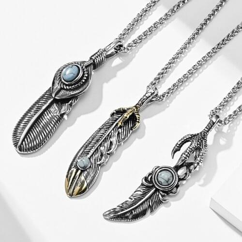 Japan Style Indians Vintage Feather Blue Stones Chain On The Neck For Men Stainless Steel Nostalgic Art Fashion Necklaces 2021