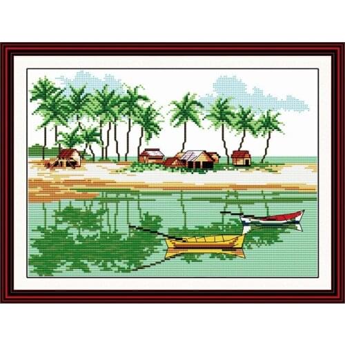 Family on little boat cross stitch kit 18ct 14ct 11ct count printed canvas stitching embroidery DIY handmade needlework