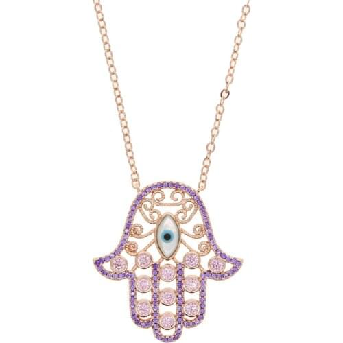 New rose gold color purple red hamsa hand pendant fatimas hand choker high quality cz Turkish evil eye long necklace jewelry