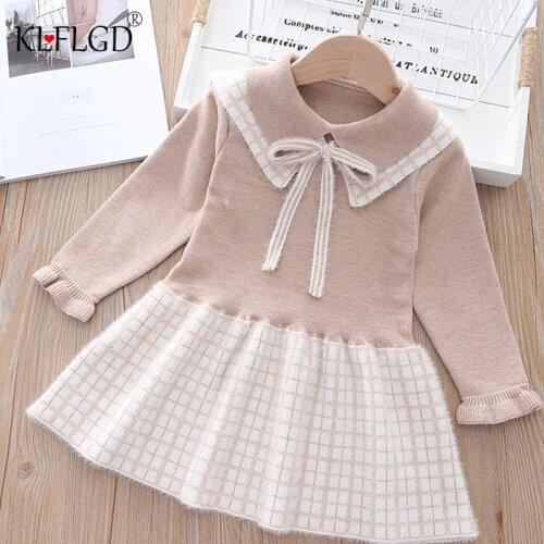 Autumn and winter 2021 new girls sweater long sleeve princess skirt baby Wool Plaid Pleated Dress childrens knitting dress