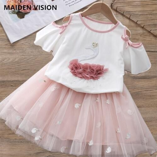 2-7y Girls Dress 2021New Summer Kids Girl Party Dresses White Swan embroidery petal Baby Girls Suit Girl T-shirt and dress suit