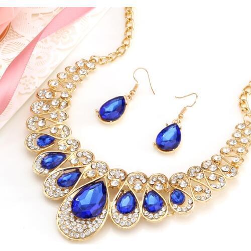Fashion Gold Color Water Drop Pendant Chocker Necklace Earrings Wedding Bridal Crystal Stone Jewelry Sets