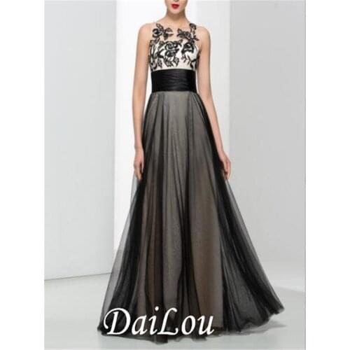 A-Line Sleeveless Jewel Neck Sashes Tulle With Appliques Floor-Length Prom Dress 2021