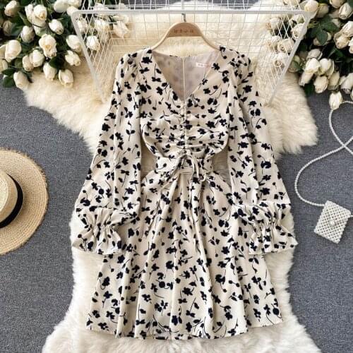Floral Print Dress Women Fashion Autumn Long Sleeve Drawstring Ruched V-neck High Waist A-line Mini Party Dress 2021 Vestidos