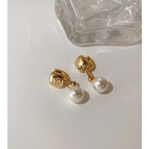 WTLTC French Single Drop Pearl Square Hoop Earrings for Women Mini Tiny Ball Hoops Earrings Personality Geometric Femme Jewelry