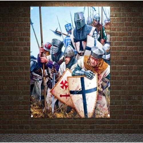 Medieval Warrior Military Banners Flags Vintage Knights Templar Armor Posters Canvas Painting Wall Hanging Home Decoration J9