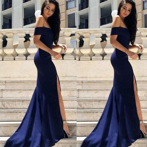 Gorgeous Custom Made Long Navy Off The Shoulder Crepe High Slit Prom Dresses Gowns Evening Dresses