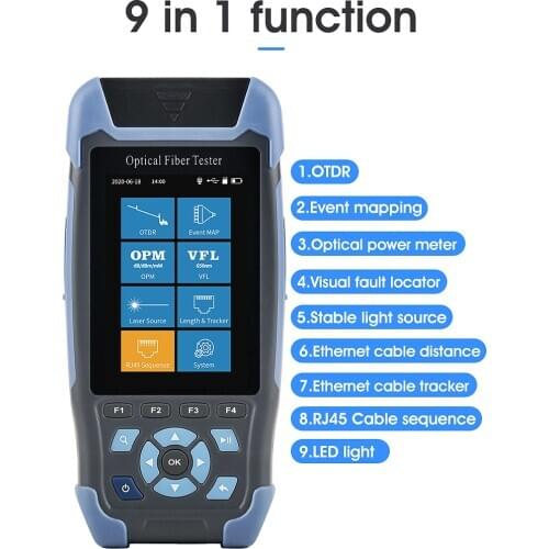 Fiber Optic OTDR Reflectometer 9-in-1 Functions VFL OLS OPM Event Map 24dB for 64km Fiber Cable Ethernet Tester AUA900D
