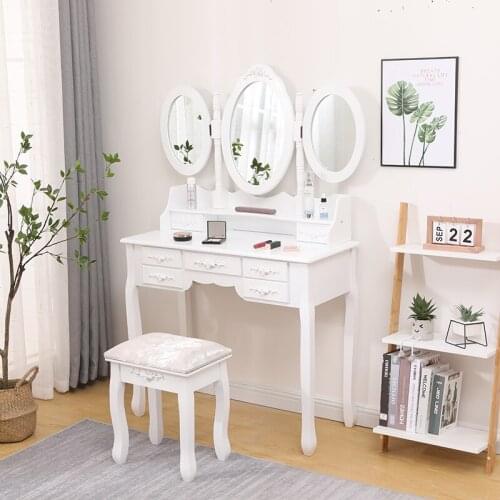 Bedroom Dressing Table Rotatable Mirror Makeup Table 7 Drawers And 3 Oval Bedroom Display Tri-fold Mirror Creative Furniture HWC