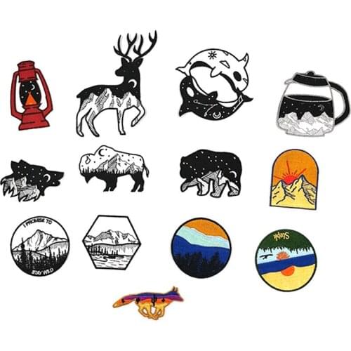 Silhouette landscape Bear Deer Dolphin Embroidered Patches 3D Diy Natural Sun Rise and Sunset Patches for Clothes Hat Bags Decor