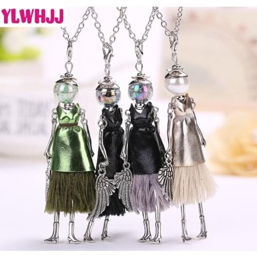 YLWHJJ new cute black leather doll tassel long necklaces for women brand girls pendant alloy maxi fashion jewelry Collier femme