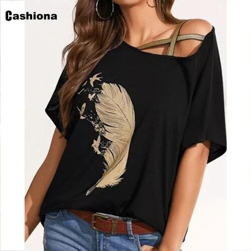 Cashiona Women Elegant Leisure Casual T-shirt Hollow Out Sleeve Model Feather Print Womens Top 2021 Summer Irregular Tees shirt
