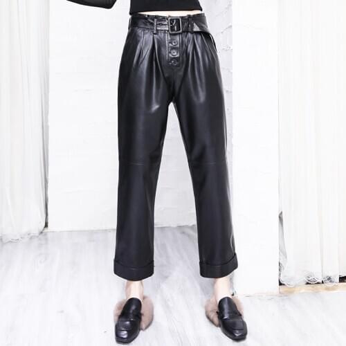 Spring Autumn Womens High-rise leather pants High quality Sheepskin Genuine leather straight-leg pants C654