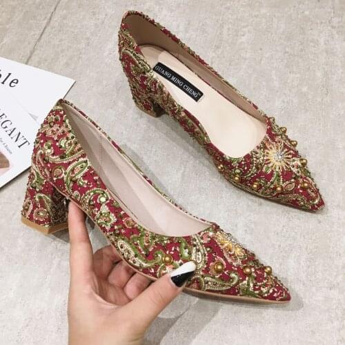 Red wedding shoes woman pointed toe shallow thick high heels embroidery rivet crystal ethnic style pumps slip on femme footwear