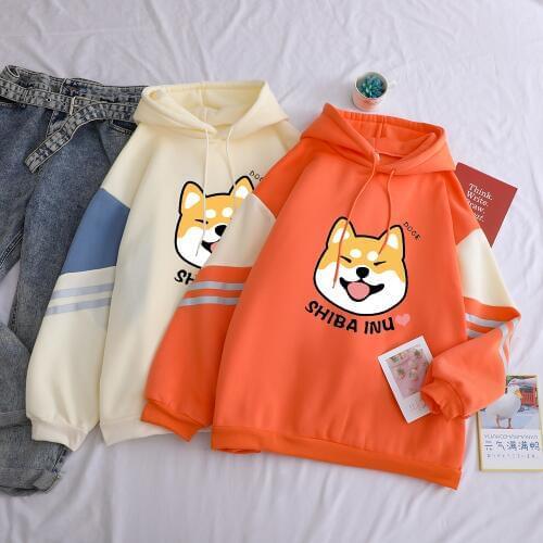 Kawaii Shiba Hoodies Women Lovely Dog Printed Hip Hop Casual Loose Sweatshirts Winter Cotton Warm Streetwear Fleece Female Hoo