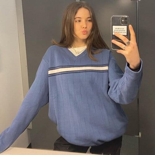 Women Striped Oversized Sweater Pullover Casual V-Neck Long Sleeve Knitted Tops Autumn Winter Preppy Style Loose Jersey Mujer