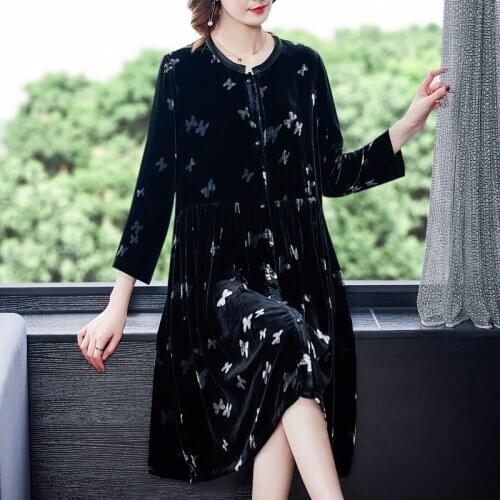 2020 Autumn Winter Casual 4XL Plus Size Dress Elegant Vintage Printed Black Gold Velvet Midi Dress Women Bodycon Party Vestidos