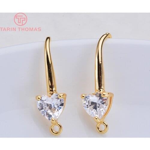 6PCS 22MM Heart 6MM 24K Gold Brass Colore Zircon Heart Shaped Earrings Hooks High Quality Results Of Jewelry Accessories