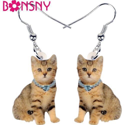 Bonsny Acrylic Cute Orange Stripe Cat Earrings Dangle Drop Unique Jewelry For Women Girls Pet Lovers Charms Lots Gift Decoration