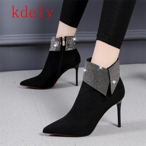 2020 Shiny Crystal Black Ankle Boots Women Sexy Stiletto Heel Short Boots Women Super High Heel Nightclub Pointed Toe Boots 9 Cm