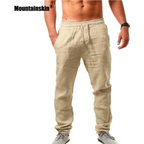 Mountainskin Men Cotton Linen Trousers Solid Color Elastic Waist Loose Trousers Mens Breathable Casual Pants Pantalones MT148