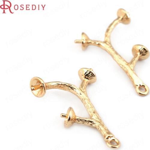 C449)10 pieces 25mm 24K Champagne Gold Color Brass Half Hole Pins Tree Branch Charms Pendants Jewelry Findings Accessories