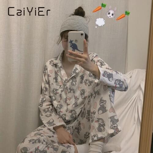 CAIYIER 2021 New Korea Cute Girl Pajamas Suit Winter Cartoon Rabbit Printing Sleepwear Lingerie Casual Home Pajama PJ Suit Loose