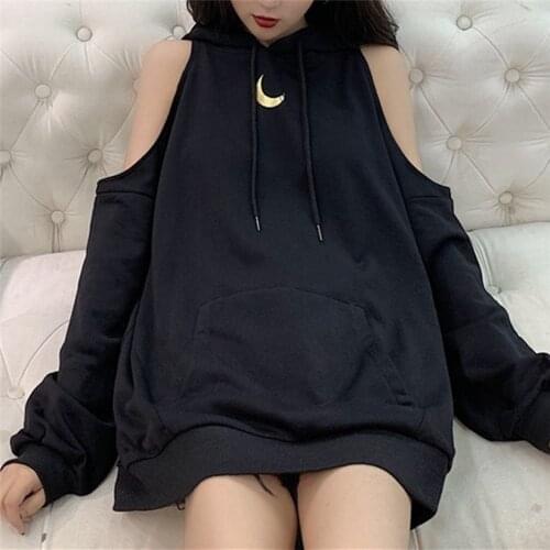 UVRCOS Moon Print Sexy Off Shoulder Long Loose Hoodie Sweatshirt Teenager Woman Girls Hip Hop Streetwear Female Hoodies Tops