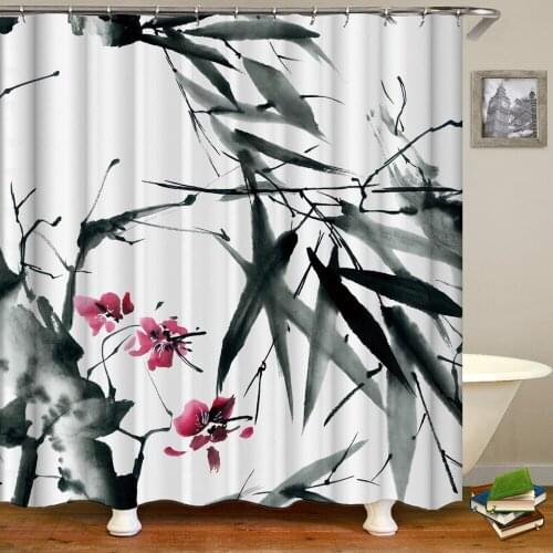 Chinese Ink Painting Bamboo Flowers Plant Bath Curtain Waterproof Shower Curtain Decor Bath Screen Printed Curtain for Bathroom