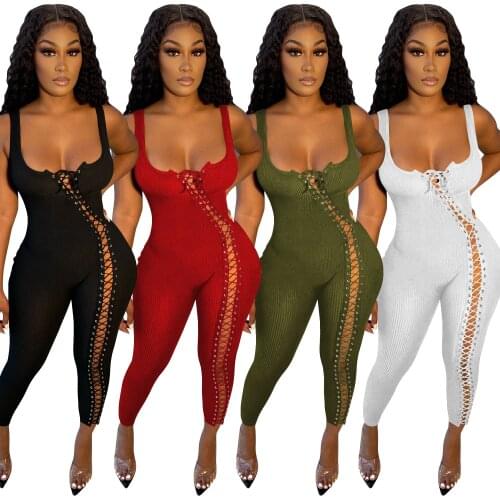 Zoctuo Jumpsuit For Girls Bandage Hole Sexy Rompers And Jumpsuits Sleeveless Strap Club Outfits For Women Jumpsuit New Summer