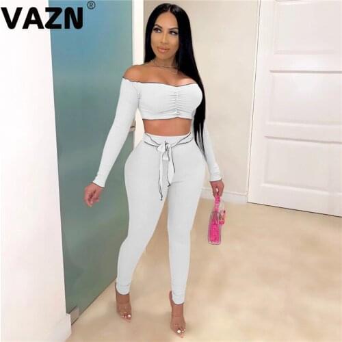 VAZN 2020 New Top Quality Suitable Slash Neck Two Piece Set Solid 2 Piece Set Women Full Sleeve Full Pant Summer Sets