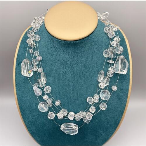 5 Strands of Floating Clear Quartz Crystals Short Necklace for Women Girls Gift Trendy Style Magnetic Clasp 18 Inch