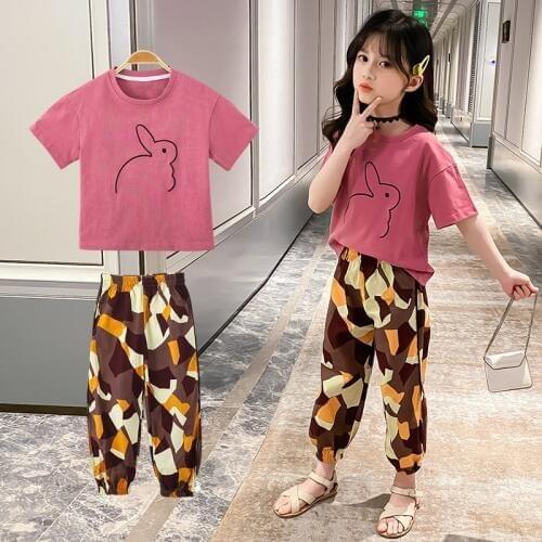 Summer Girls Clothes Sets Children Clothing Short Sleeve T-shirt+Pants 2 PCS Teen Kids Girls Clothing Set 4 6 7 8 10 11 12 Years